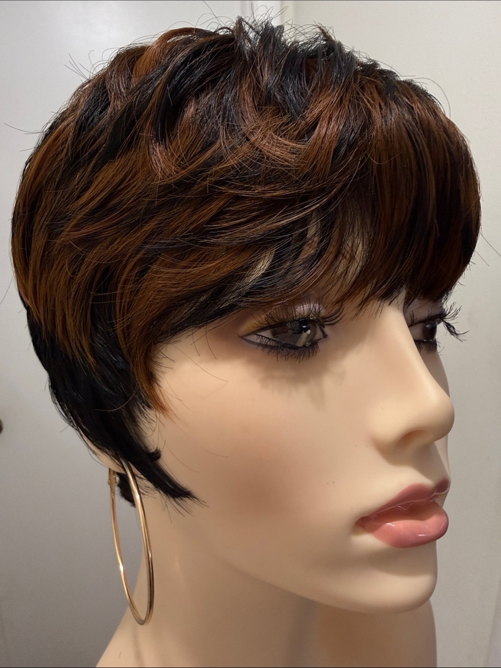 HAIR, Pixie Cut with Bangs, Black with Copper/Carmel highlights - Picture 7 of 13